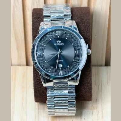BESTWIN Quartz Montre Homme - Cadran Texturé Noir & Bracelet Argenté