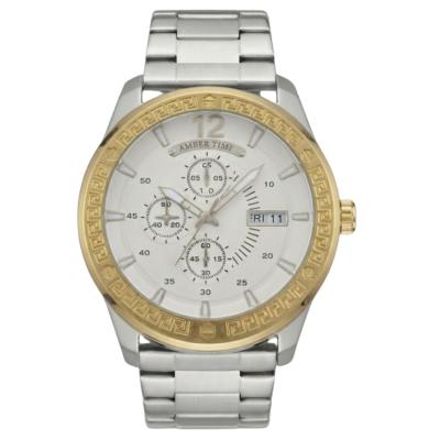 AMBER TIME AT-8205G Montre Homme - Chronographe Quartz Lunette Motif Grec & Double Calendrier