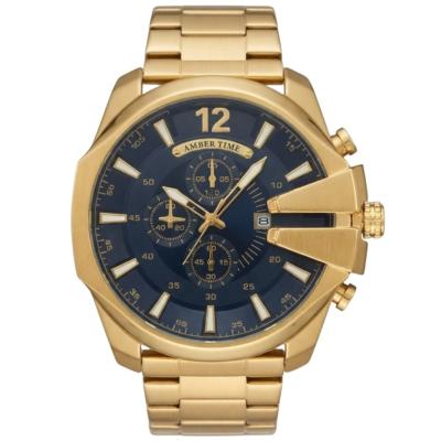 AMBER TIME AT-8219G Chronographe Montre Homme - Boîtier Rond Bracelet Acier Doré & noir 